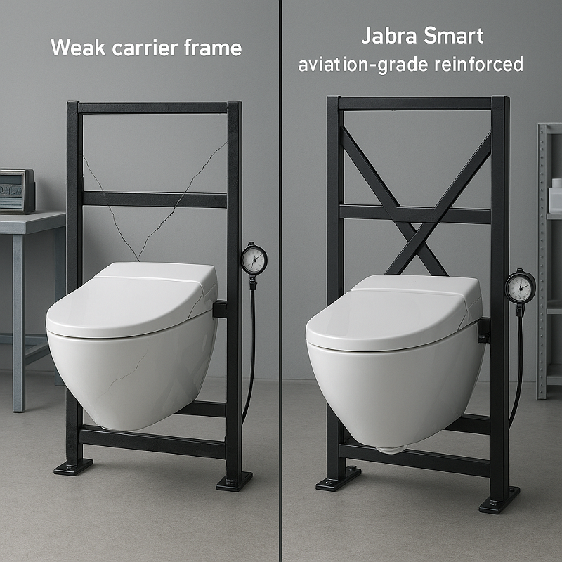 Comparison of weak vs. reinforced carrier frame for wall-hung bidet toilet, highlighting durability